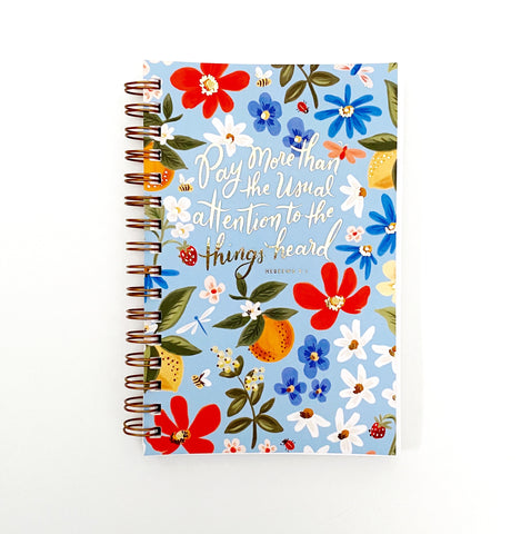 SPANISH Light Blue Summer Floral - Pay More Than The Usual Attention to The Things Heard - Hebrews 2:1 Notebook
