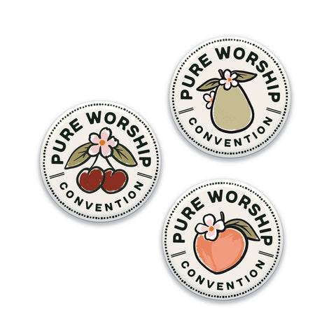 2025 Pure Worship Convention Pin – Peach, Pear & Cherry Design | Bold Hand-Illustrated Badge for Jehovah’s Witnesses, Perfect for Gifts