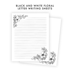 Printable Letter Writing Sheets - Black and White Anemone Floral