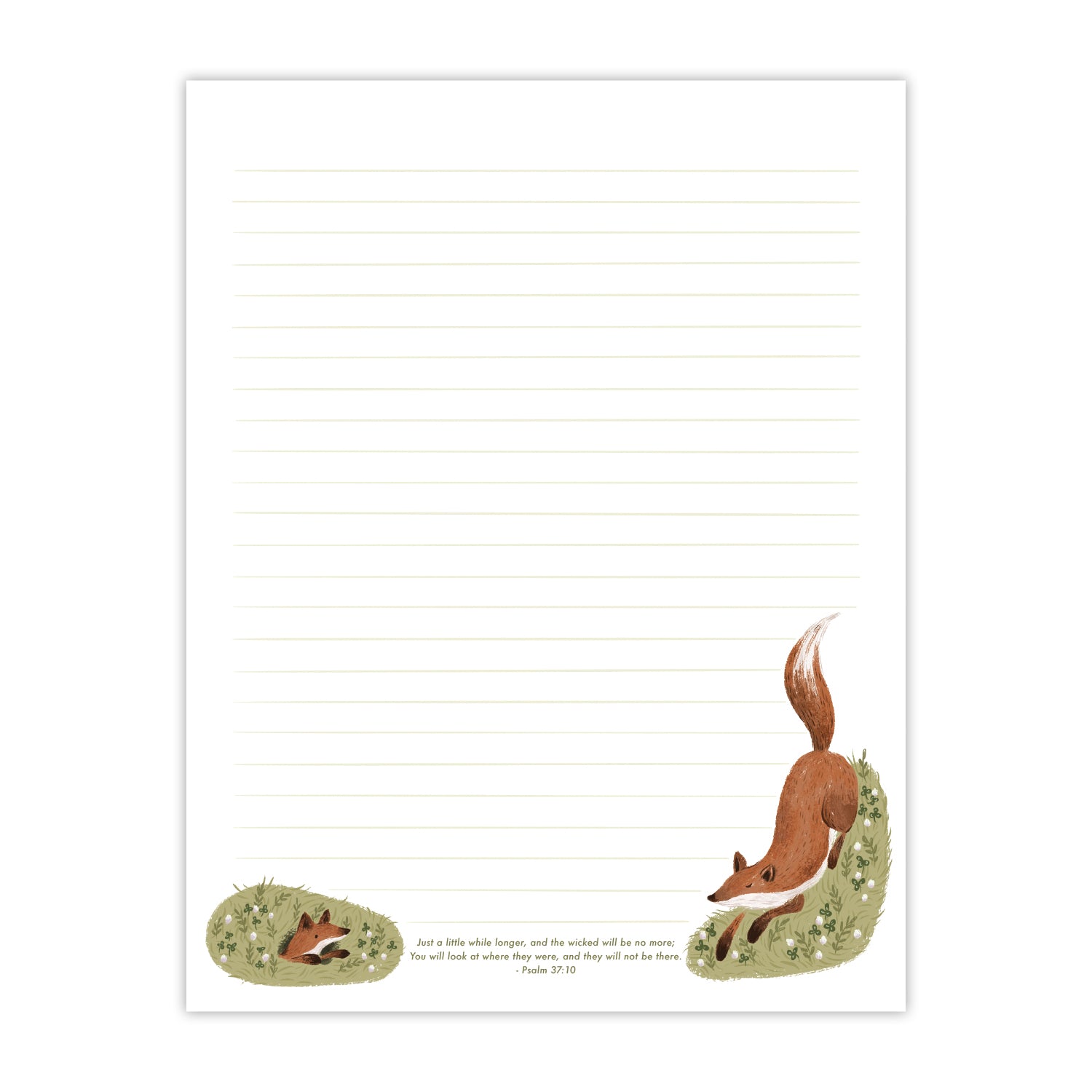 Printable Letter Writing Sheets - Fox and Den - Just a little while longer, and the wicked will be no more - Psalm 37:10