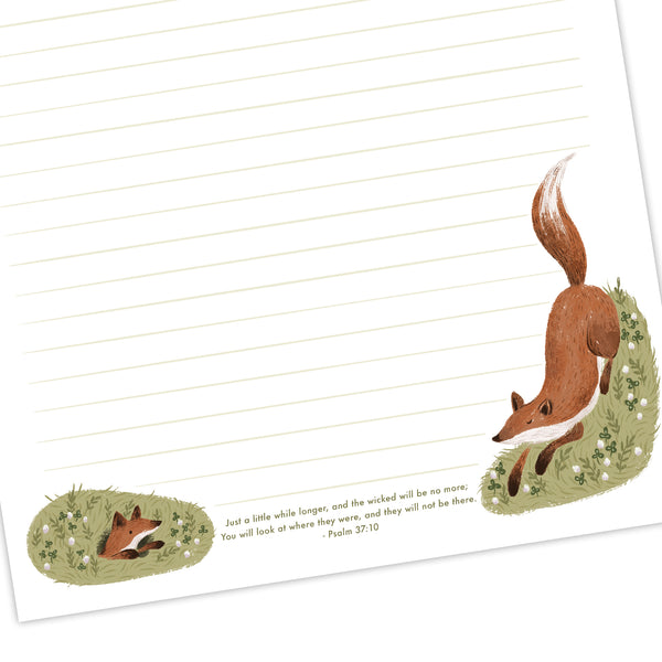 Printable Letter Writing Sheets - Fox and Den - Just a little while longer, and the wicked will be no more - Psalm 37:10