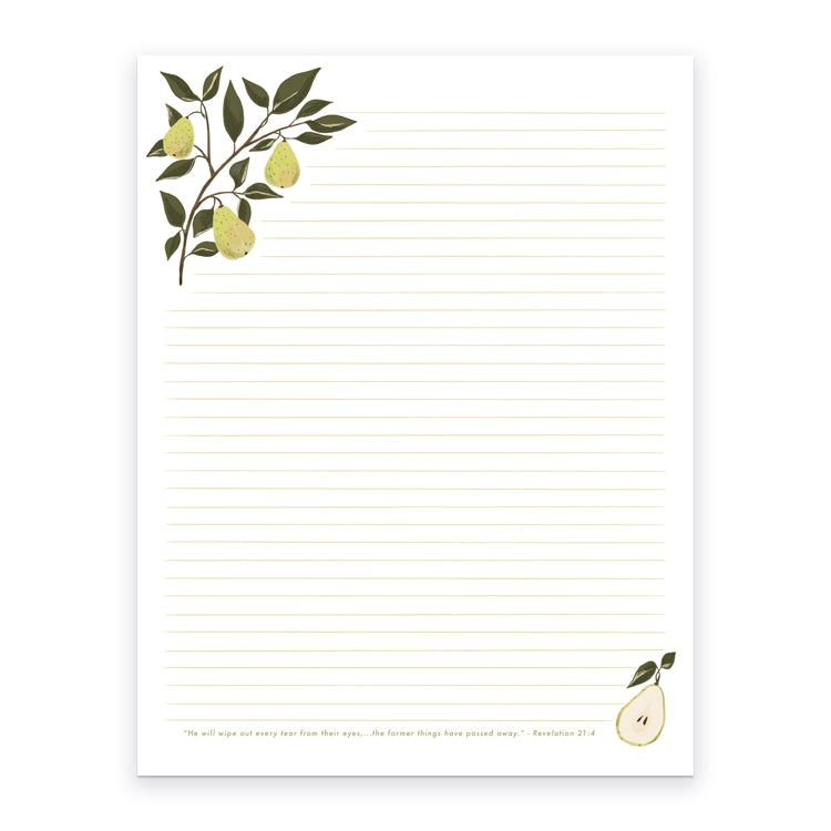 Printable - Pear - He will wipe out every tear from their eyes... the former things have passed away - Letter Writing Paper, Revelation 21:4