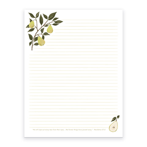 Printable - Pear - He will wipe out every tear from their eyes... the former things have passed away - Letter Writing Paper, Revelation 21:4